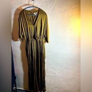 Jumpsuit Anthropologie Maeve Olive green, wide leg, embossed fabric, flowy-love